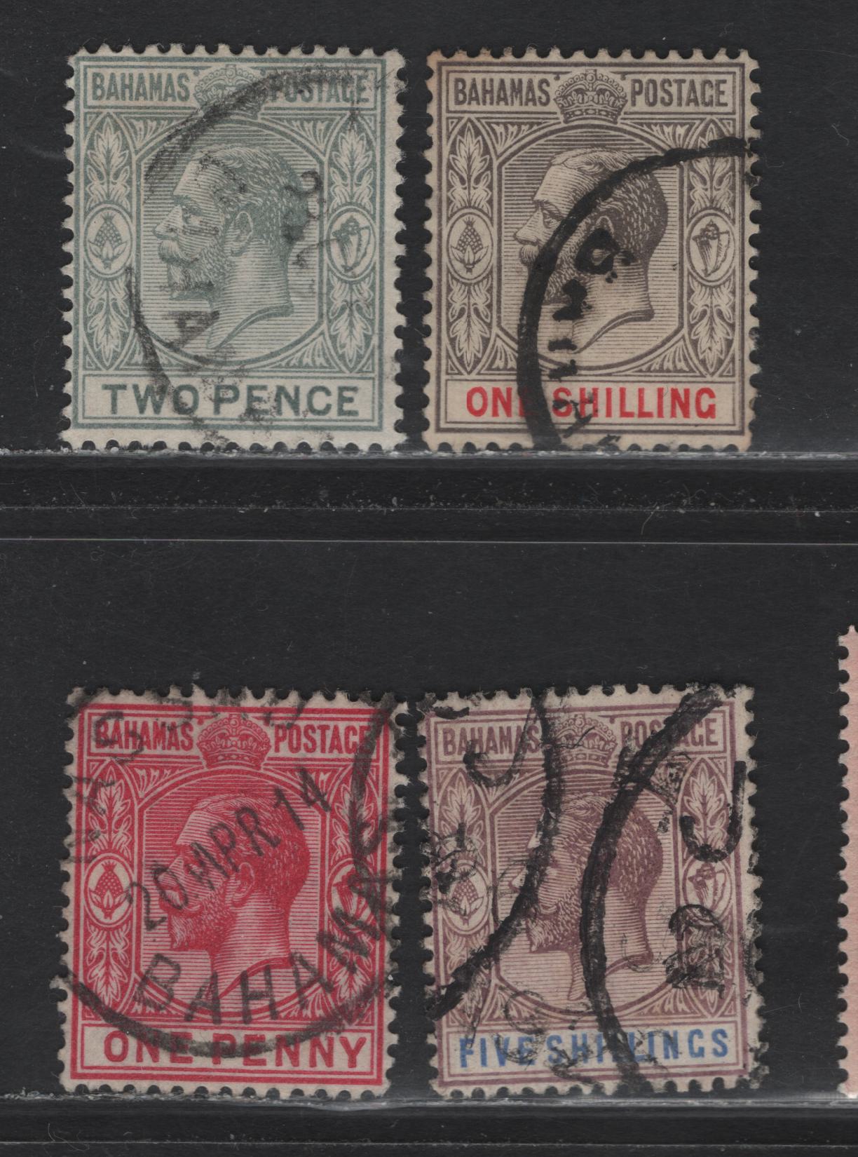 Lot 36 Bahamas SG#82-83, 87-88 1d - 5/- Aniline Carmine - Dull Purple & Blue King George V, 1912-1919 KGV Keyplate Issue, 4 Fine/Very Fine Used Singles, Multiple Crown CA Wmks