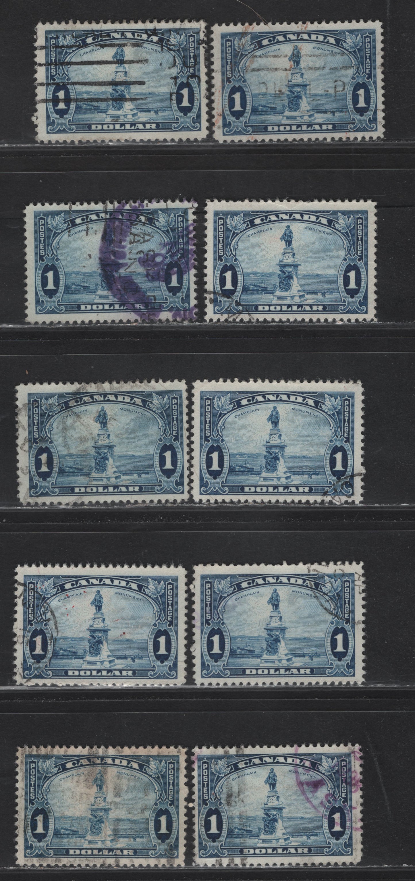 Lot 374 Canada (C) #227-227i $1 Blue Champlain Statue, 1935 KGV Pictorial Issue, 10 Fine/Very Fine Used Singles, Different & Unchecked Papers & Perfs, Few With Light Wrinkles