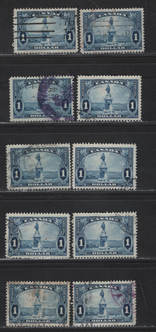 Lot 374 Canada (C) #227-227i $1 Blue Champlain Statue, 1935 KGV Pictorial Issue, 10 Fine/Very Fine Used Singles, Different & Unchecked Papers & Perfs, Few With Light Wrinkles