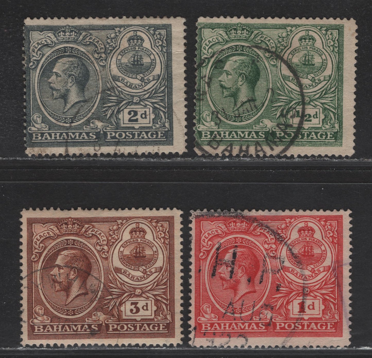 Lot 38 Bahamas SG#106-109 1/2d - 3d Green - Deep Brown King George V, 1920 Peace Issue, 4 Fine/Very Fine Used Singles, Small Hinge Thin on 1d