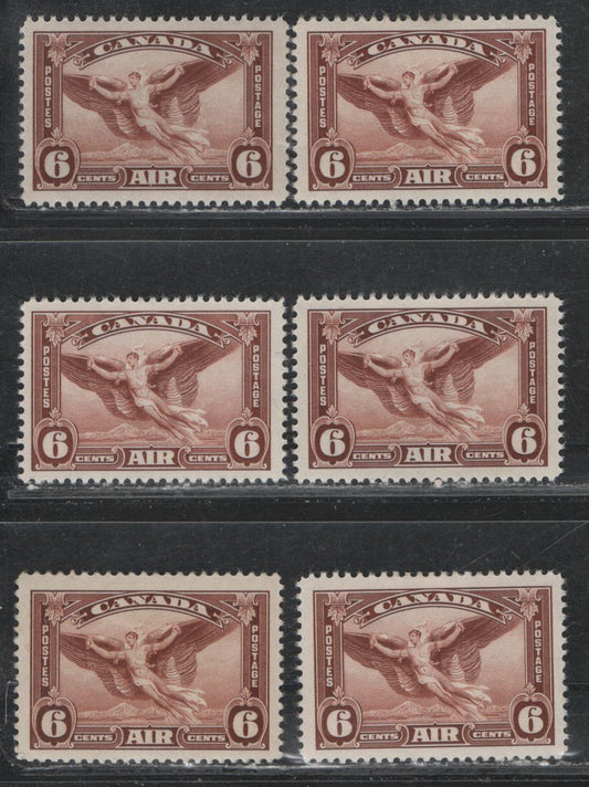 Lot 381 Canada #C5 6c Red Brown Daedalus In Flight, 1935 Airmail Issue, 6 VFOG Singles, CBN-RRR, CBN-MMM, CBN-SSS, CBN-QQQ & CBN-BBBB Papers, Perfs 12x11.9 & 12