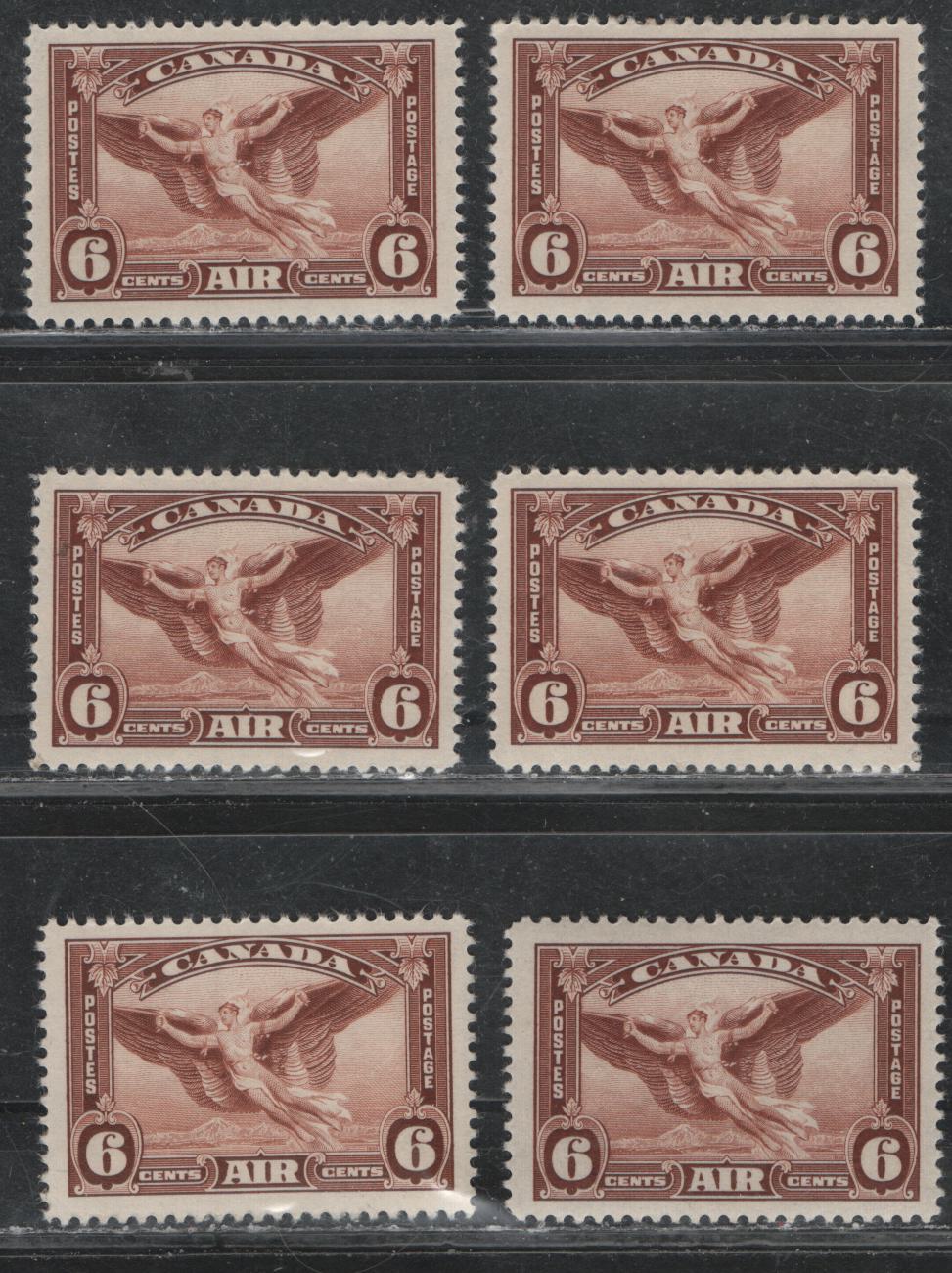Lot 382 Canada (C) #C5 6c Red Brown - Yellowish Red Brown Daedalus In Flight, 1935 Airmail Issue, 6 VFOG Singles, CBN-UUU, CBN-RRR & CBN-NNN Papers, Perfs 12.1x12, 12x11.9, 12x12.1, 11.9 & 12