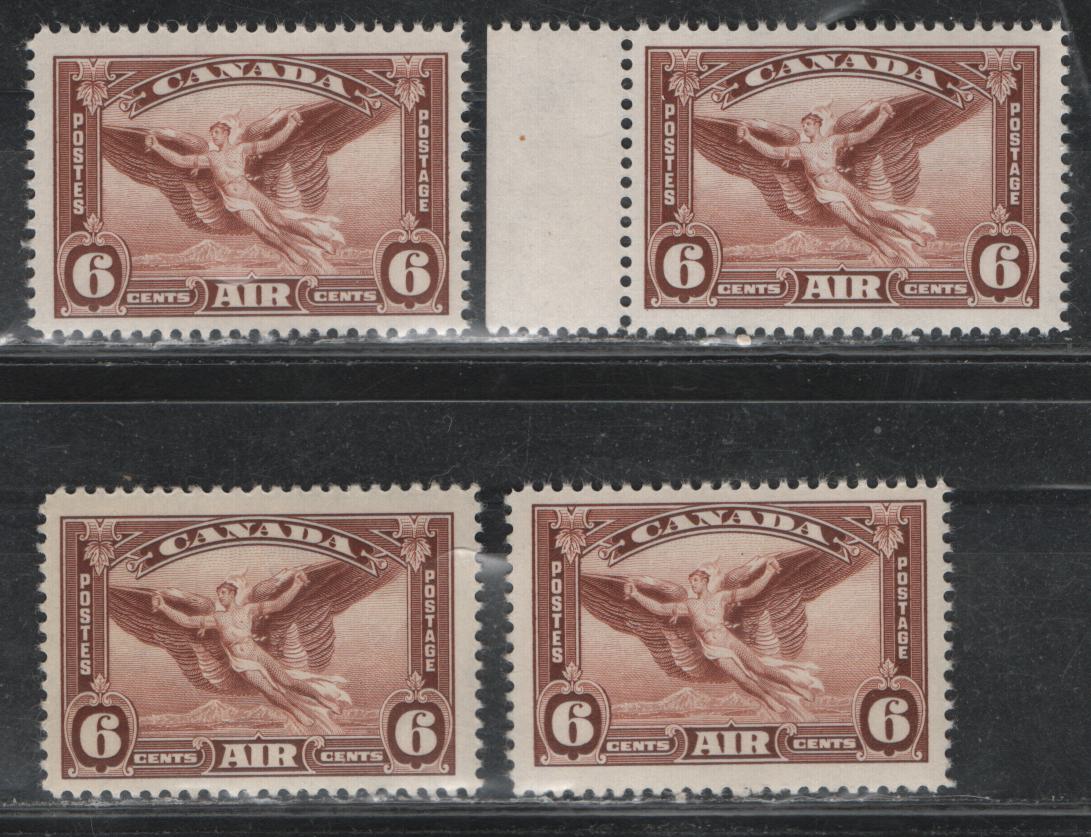 Lot 384 Canada #C5 6c Red Brown Daedalus In Flight, 1935 Airmail Issue, 4 VFOG Singles, CBN-RRR, CBN-DDDD & CBN-VVV Papers, Perfs 12, 12x11.8 & 11.9x12