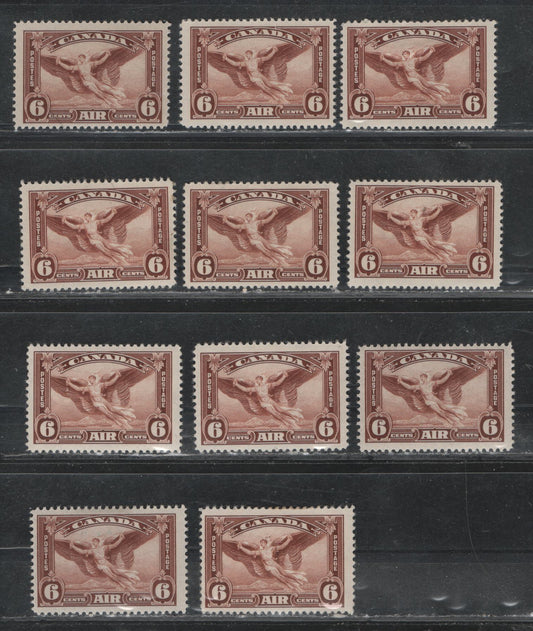 Lot 385 Canada #C5 6c Red Brown Daedalus In Flight, 1935 Airmail Issue, 11 FOG Singles, CBN-BBBB, CBN-QQQ, CBN-CCCC, CBN-DDDD, CBN-AAAA, CBN-UUU, CBN-MMMM & CBN-RRR Papers, Perfs 12, 11.9, 11.9x12, 11.9x11.8, 11.95x11.9, 12.05x11.9 & 12x11.85