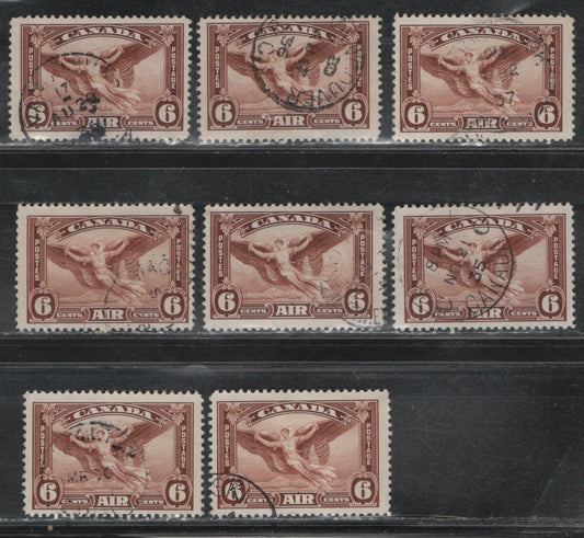 Lot 386 Canada #C5 6c Red Brown Daedalus In Flight, 1935 Airmail Issue, 8 Fine Used Singles, Unchecked As To Shades, Papers Or Perfs
