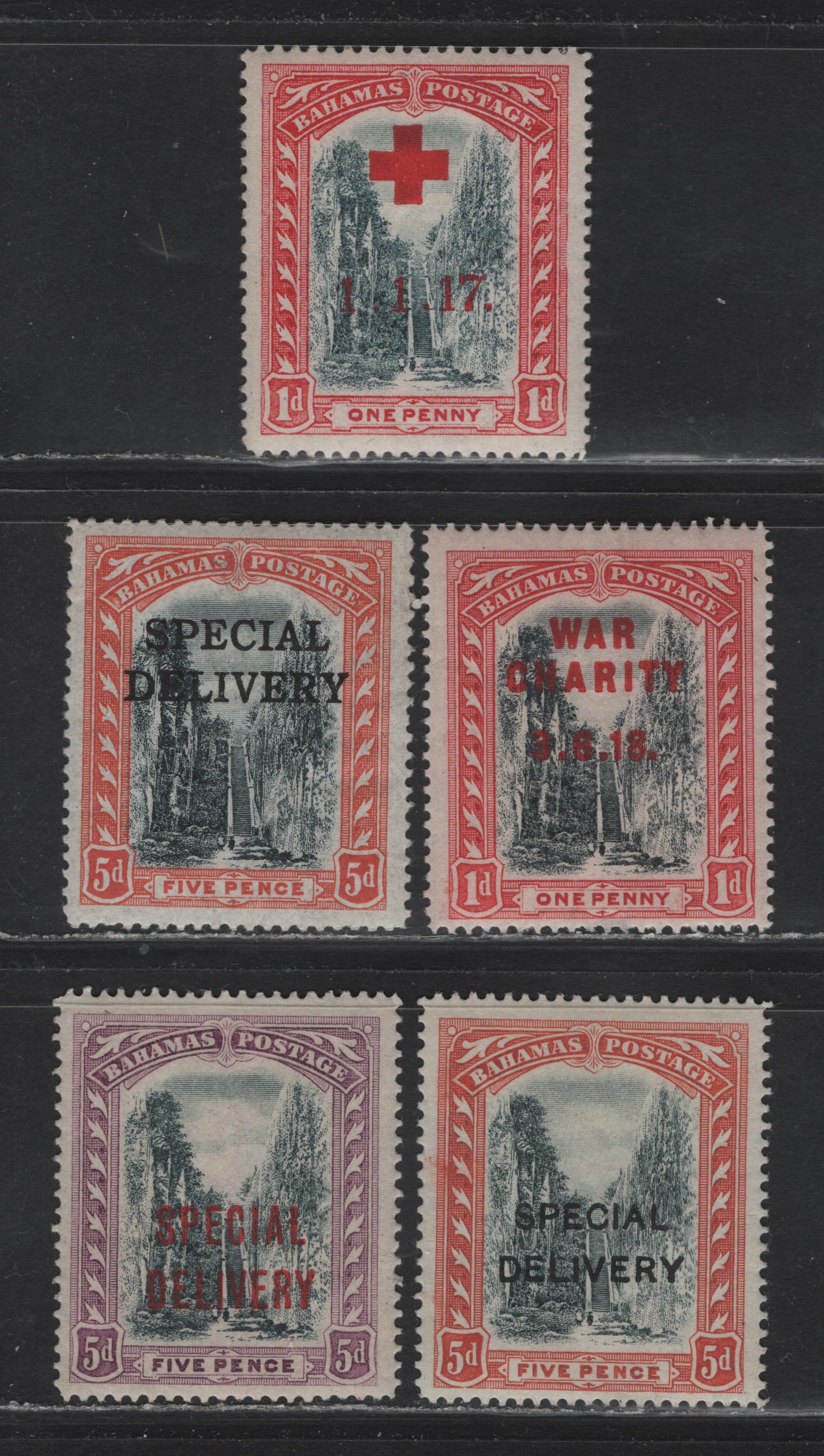 Lot 39 Bahamas SG#90, 101, 51-53 1d - 5d Gray Black & Deep Carmine Red -Black & Mauve Queens Staircase, 1916-1917 Charity & Special Delivery Overprinted Issue, 5 F/VFOG Singles