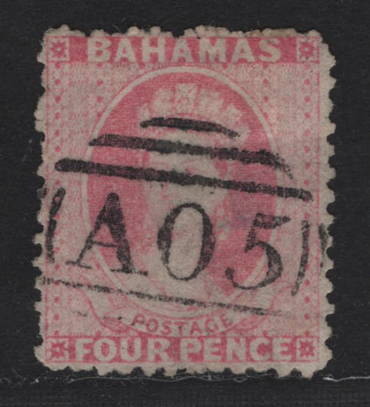 Lot 3A Bahamas SG#26 4d Bright Rose Queen Victoria, 1863-1877 Chalon Heads Issue, A Very Good Used Single, Perf 12.5, Crown CC Wmk, VF Centered For This Issue, Hinge Thin On Back, Nice Bright Color & SON AO5 Cancel.