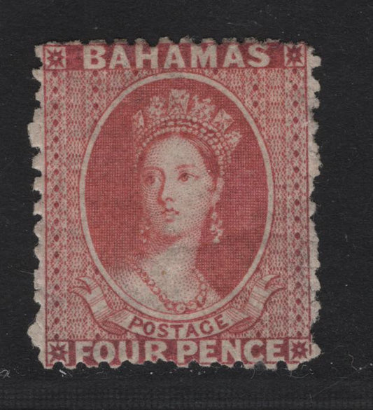 Lot 4 Bahamas SG#27 4d Dull Rose Queen Victoria, 1863-1877 Chalon Heads Issue, A FOG Single, Perf 12.5, Crown CC Wmk, VF Centered For This Issue, 2 Short Perfs At Bottom.