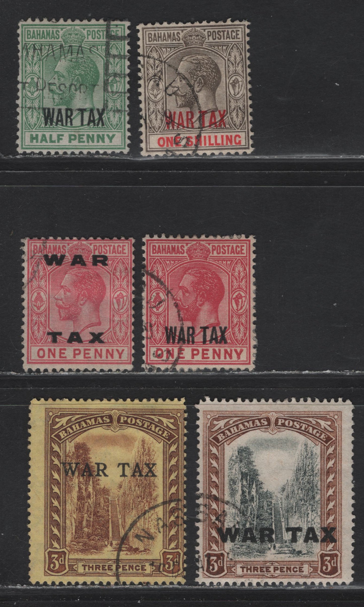 Lot 47 Bahamas SG#94, 96-97, 99-100, 103 3d - 1d Purple on Yellow - Carmine Rose Queens Staircase, 1918-1919 War Tax Overprinted Issue, 6 Fine/Very Fine Used Singles