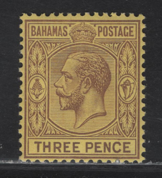 Lot 49 Bahamas SG#120 3d Purple on Pale Yellow King George V, 1921-1937 KGV Keyplate Issue, A VFNH Single, Script CA Wmk