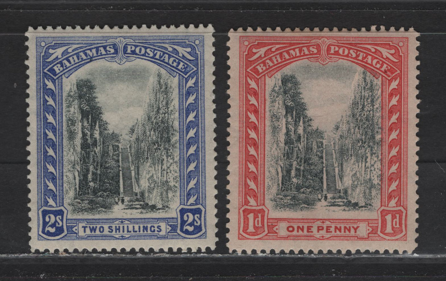 Lot 51 Bahamas SG#111, 113 1d - 2/- Gray & Rose Red - Black & Blue Queens Staircase, 1921-1929 Queen's Staircase Issue, 2 VFOG Singles, Script CA Wmk