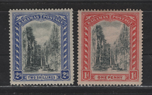Lot 51 Bahamas SG#111, 113 1d - 2/- Gray & Rose Red - Black & Blue Queens Staircase, 1921-1929 Queen's Staircase Issue, 2 VFOG Singles, Script CA Wmk