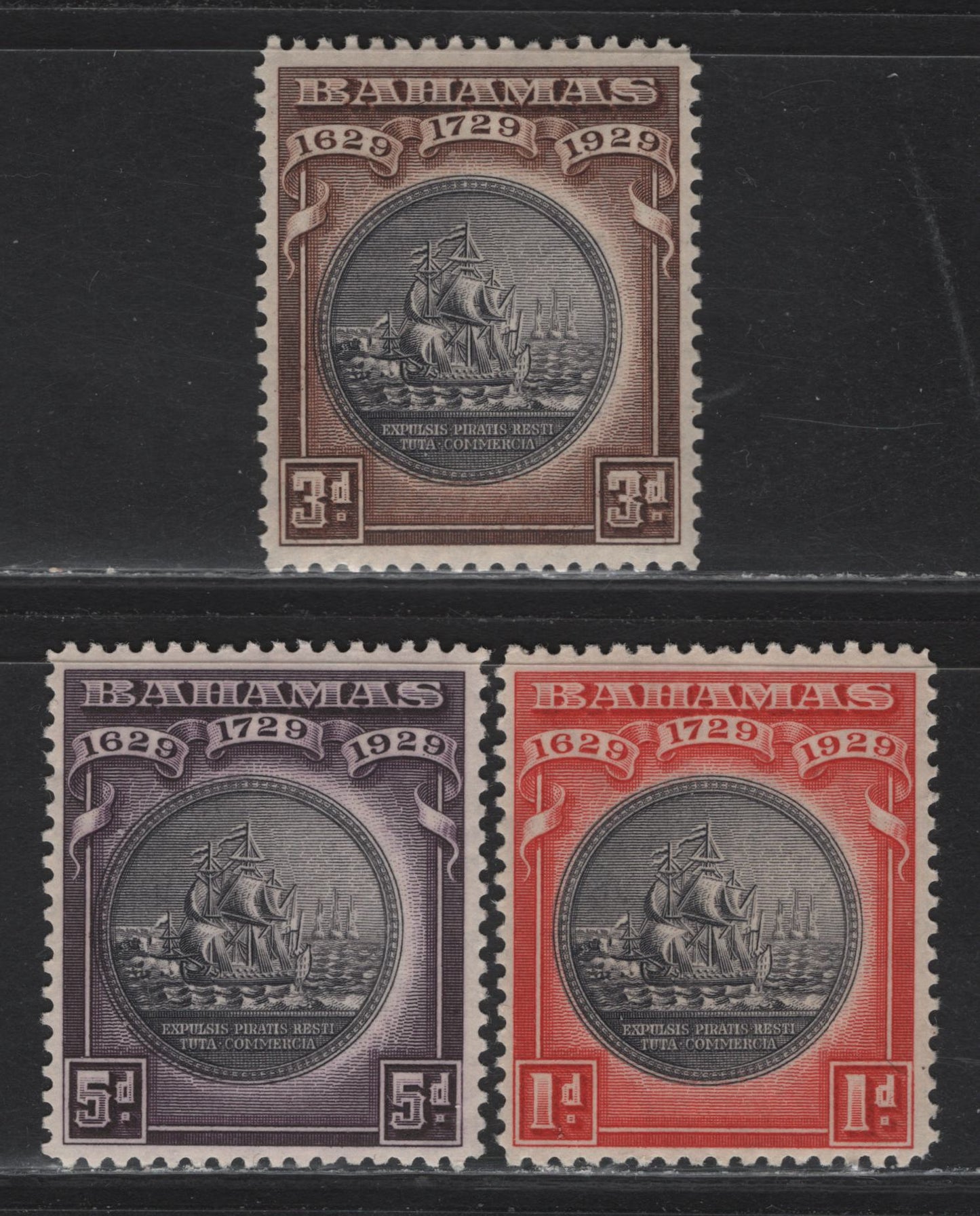 Lot 55 Bahamas SG#126-128 1d - 5d Black & Scarlet - Black & Deep Purple Badge of the Colony, 1930 Tercentenary Issue, 3 VFOG Singles