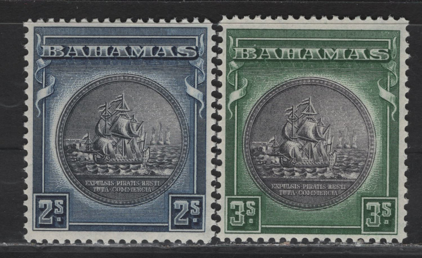 Lot 57 Bahamas SG#131a, 132 2/- - 3/- Slate Purple & Indigo - Slate Purple & Myrtle Green Badge of the Colony, 1931-1946 Badge of the Colony, 2 VFOG Singles, 1942 Printings