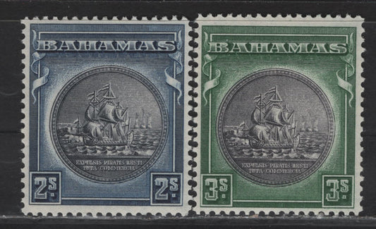 Bahamas SG#131a, 132 2/- - 3/- Slate Purple & Indigo - Slate Purple & Myrtle Green Badge of the Colony, 1931-1946 Badge of the Colony, 2 VFOG Singles, 1942 Printings