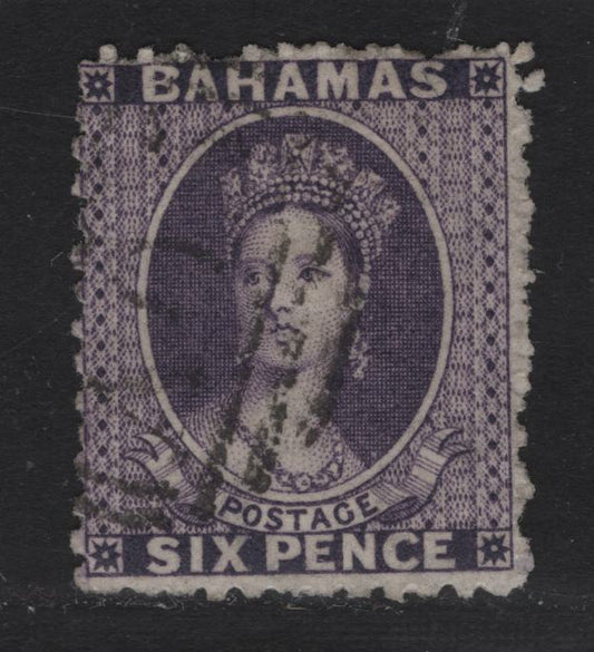 Lot 6 Bahamas SG#31 6d Deep Violet Queen Victoria, 1863-1877 Chalon Heads Issue, A Fine Used Single, Perf 12.5, Crown CC Wmk, Several Short Perfs.
