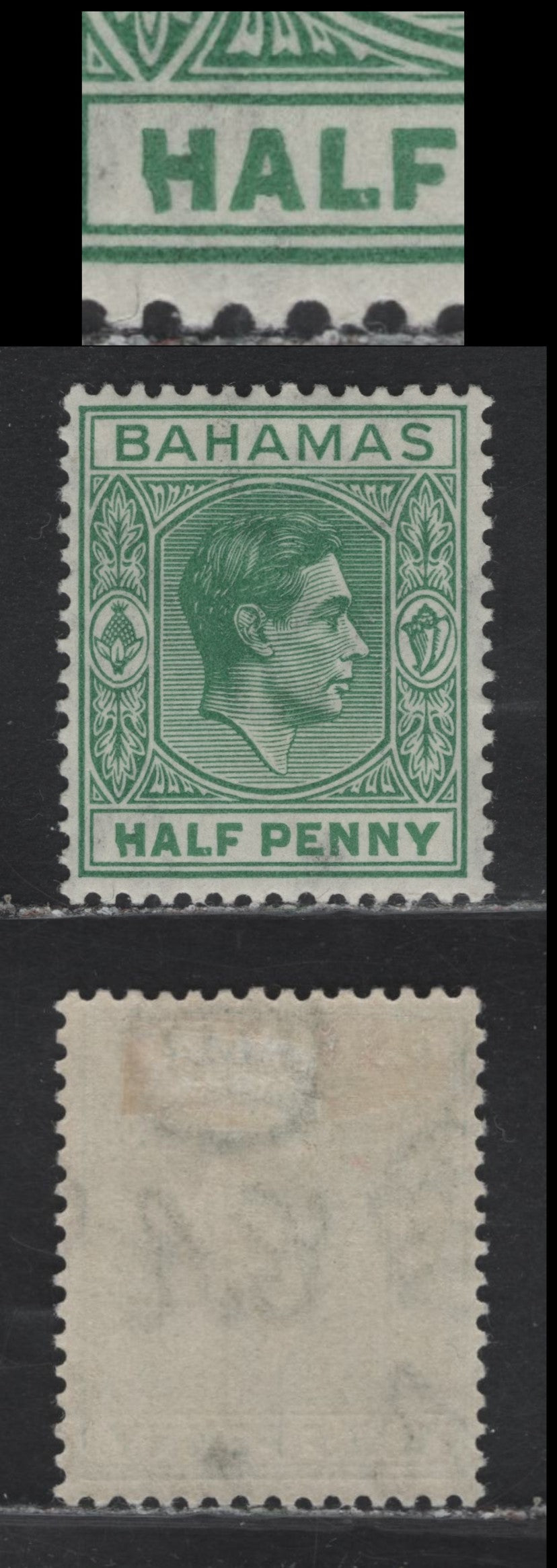 Lot 61 Bahamas SG#149var 1/2d Green King George VI, 1938-1952 KGVI Issue, A VFOG Single, Unlisted & Likely Constant Deformed 'H' in Half