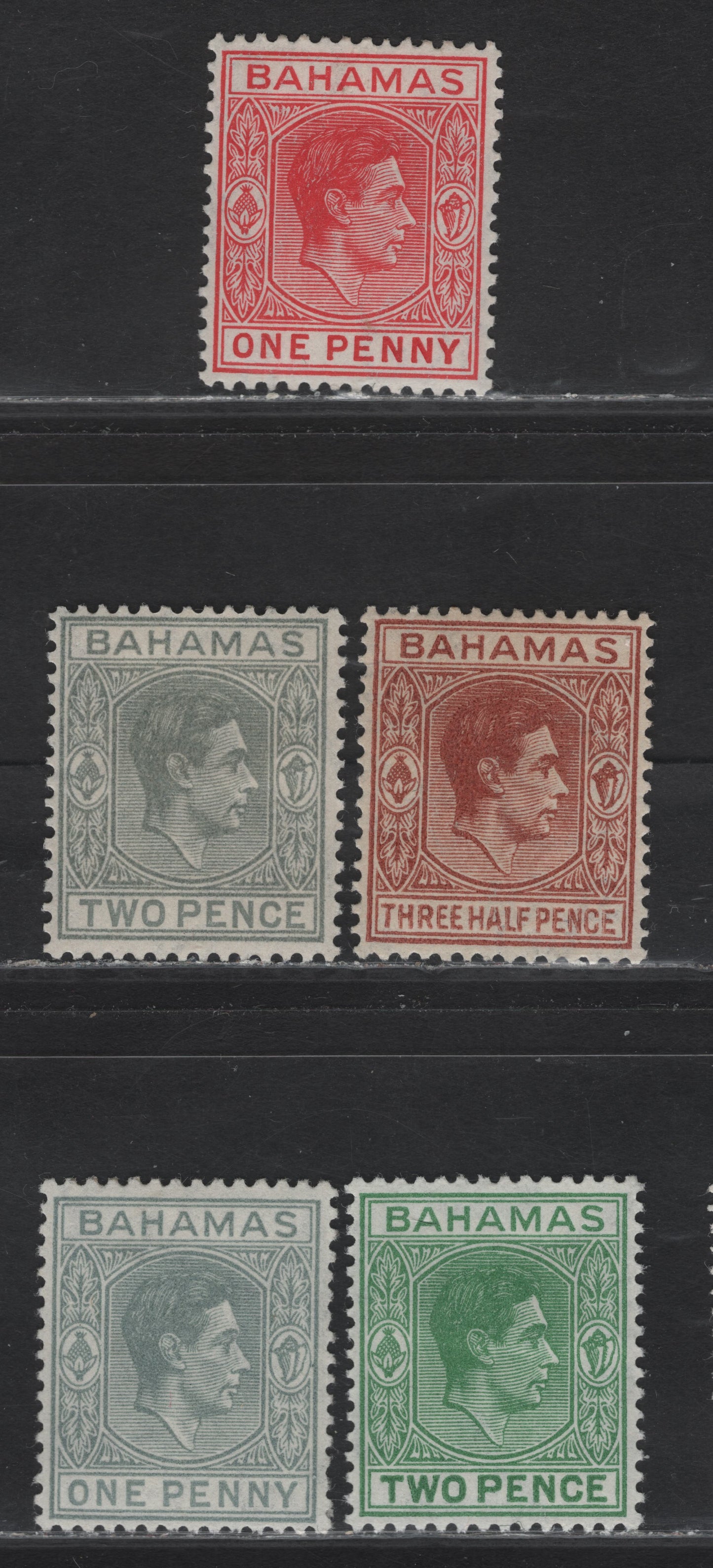 Lot 62A Bahamas SG#150,ab, 151-152, 152c 1d - 2d Carmine - Green King George VI, 1938-1952 KGVI Issue, 5 VFOG Singles, 1938, 1942 & 1951 Printings