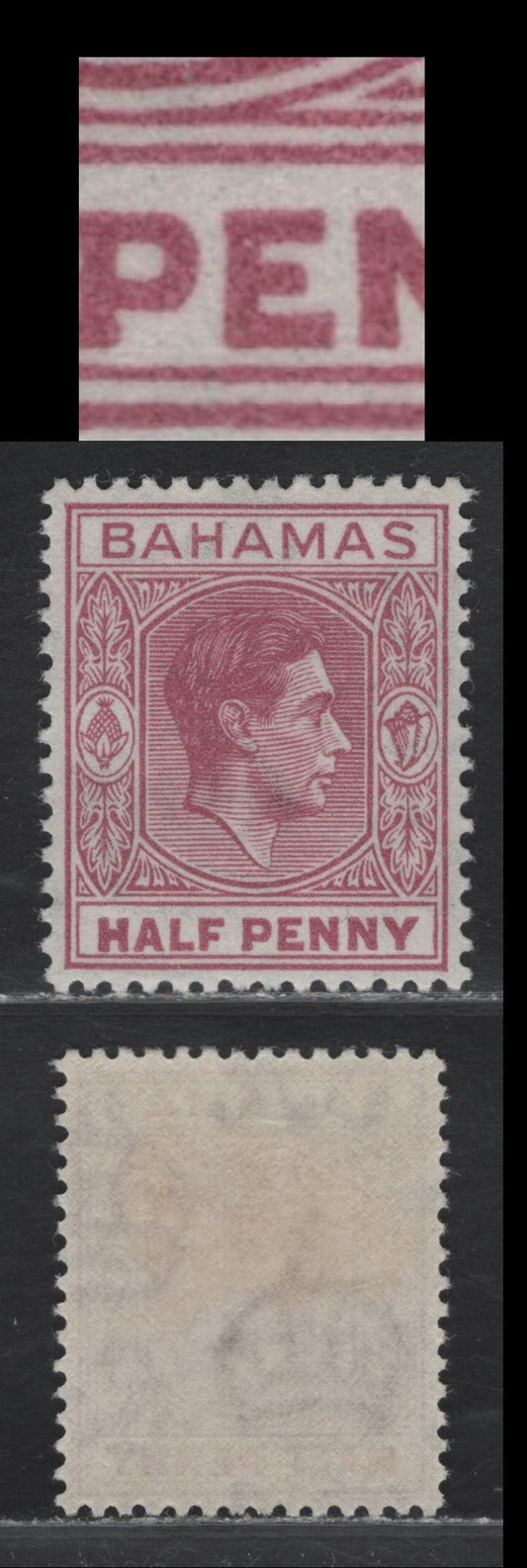 Lot 62 Bahamas SG#149ec 1/2d Brown Purple King George VI, 1938-1952 KGVI Issue, A VFOG Single, Elongated 'E' From Left Pane R9/6