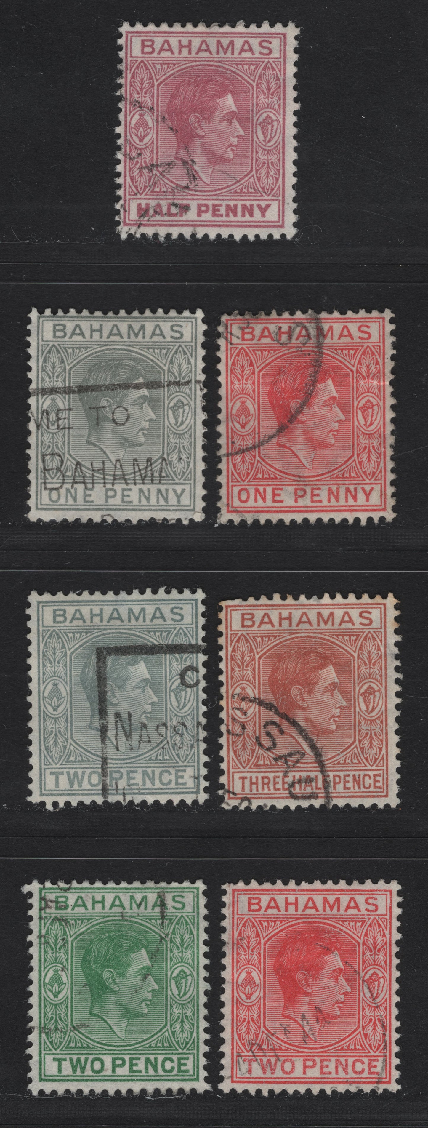 Lot 64A Bahamas SG#149e, 150-a, 151, 152, 152bc 1/2d - 2d Brown Purple - Green King George VI, 1938-1952 KGVI Issue, 6 Fine/Very Fine Used Singles