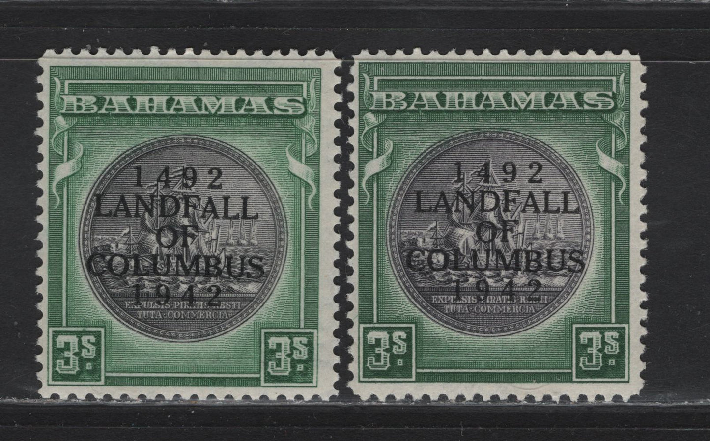 Lot 73 Bahamas SG#173-a 3/- Slate Purple & Myrtle Green - Brownish Black & Green King George VI - Seal of the Colony, 1942 Columbus Overprinted Issue, 2 FOG Singles