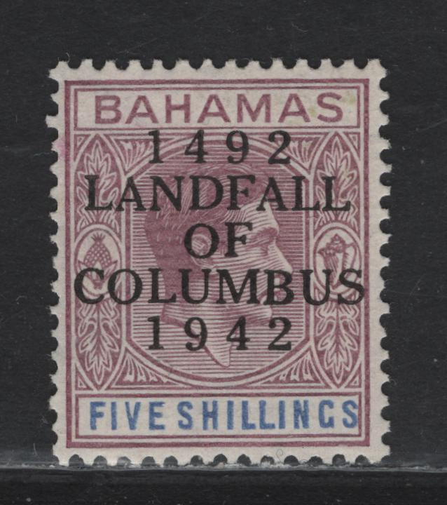 Lot 74 Bahamas SG#174 5/- Reddish Lilac & Blue King George VI - Seal of the Colony, 1942 Columbus Overprinted Issue, A VFOG Single, Thin Striated Paper