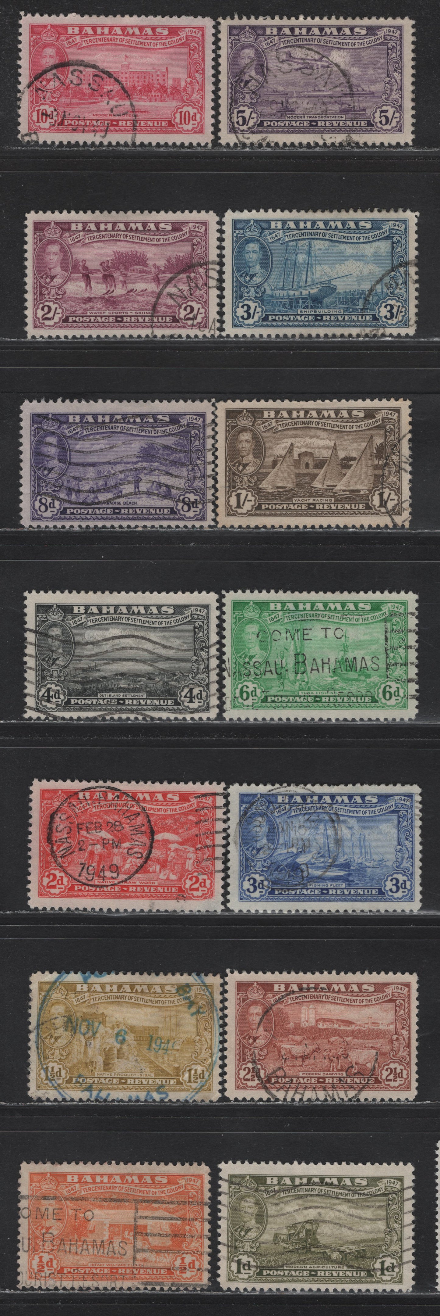 Lot 77 Bahamas SG#178-191 1/2d - 5/- Orange - Mauve Eleuthera Settlement, 1948 Eleuthera Settlement Issue, 14 Fine/Very Fine Used Singles