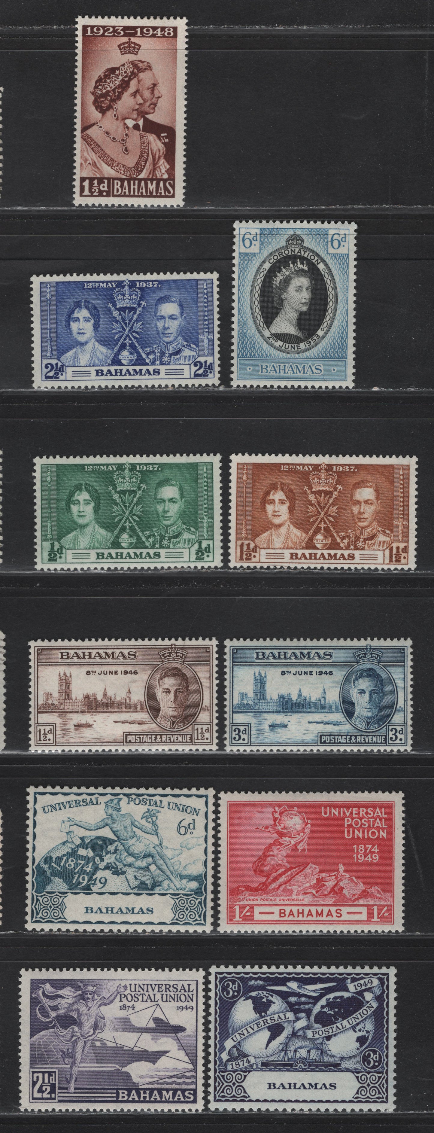 Lot 78 Bahamas SG#146-148, 176-177, 194, 196-199, 200 1/2d - 6d Green - Black & Pale Blue Coronation, 1937-1953 Coronation - UPU Issues, 11 F/VFOG/NH Singles, The 1949 UPU Issue Is NH