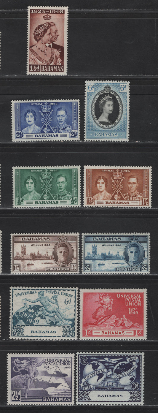 Lot 78 Bahamas SG#146-148, 176-177, 194, 196-199, 200 1/2d - 6d Green - Black & Pale Blue Coronation, 1937-1953 Coronation - UPU Issues, 11 F/VFOG/NH Singles, The 1949 UPU Issue Is NH