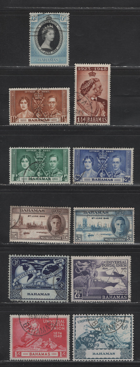 Lot 79 Bahamas SG#146-148, 176-177, 194, 196-199, 200 1/2d - 6d Green - Black & Pale Blue Coronation, 1937-1953 Coronation - UPU Issues, 11 Fine/Very Fine Used Singles, Rounded Corner On 3d UPU