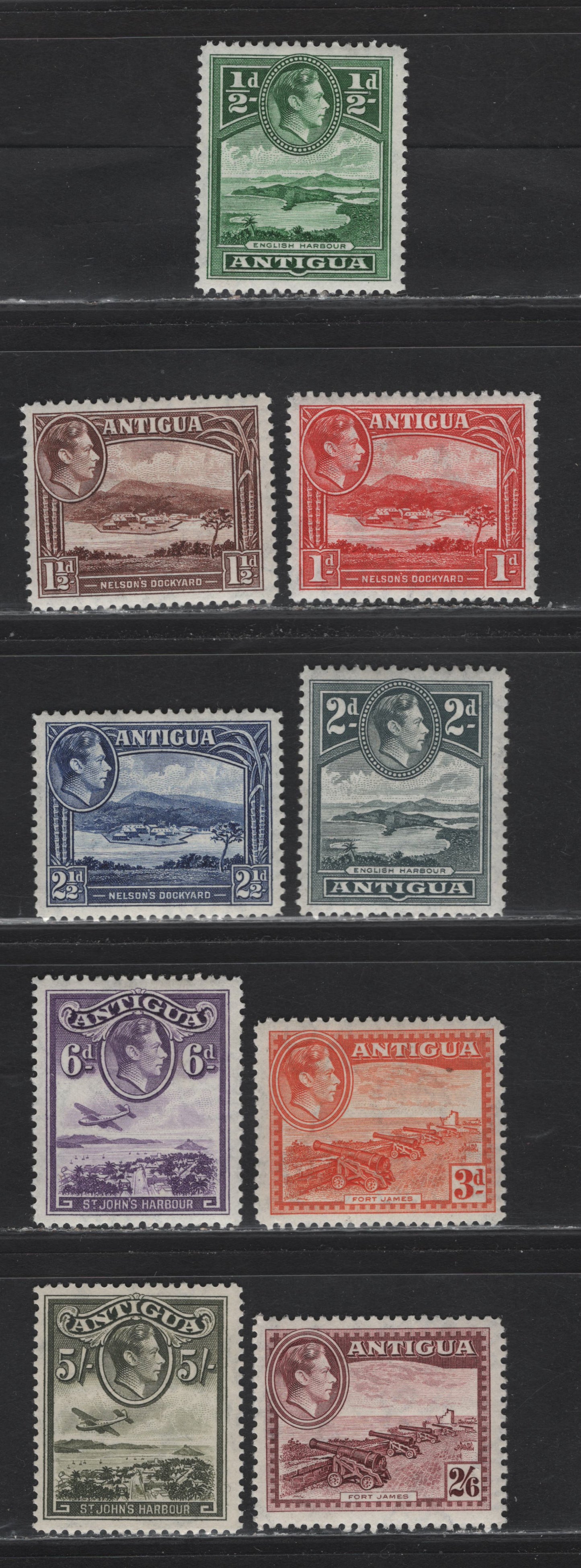 Lot 80 Antigua (C)  SG#98, 99a, 100a, 101-104, 106a, 107 1/2d - 5/- Green - Olive Green King George VI, 1938-1951 KGVI Pictorial Issue, 9 F/VFOG Singles, 1942-1943 Printings With Crackly Gum