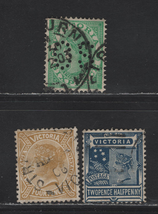 Lot 81 Australia - Victoria (C) SG#392var, 419, 421 6d - 4d Emerald - Yellow Bistre Queen Victoria, 1901-1910 Queen Victoria Issue, 3 Very Fine Used Singles, V over Crown Perf 'OS' & Crown Over A Wmks (Inverted on 2.5d)