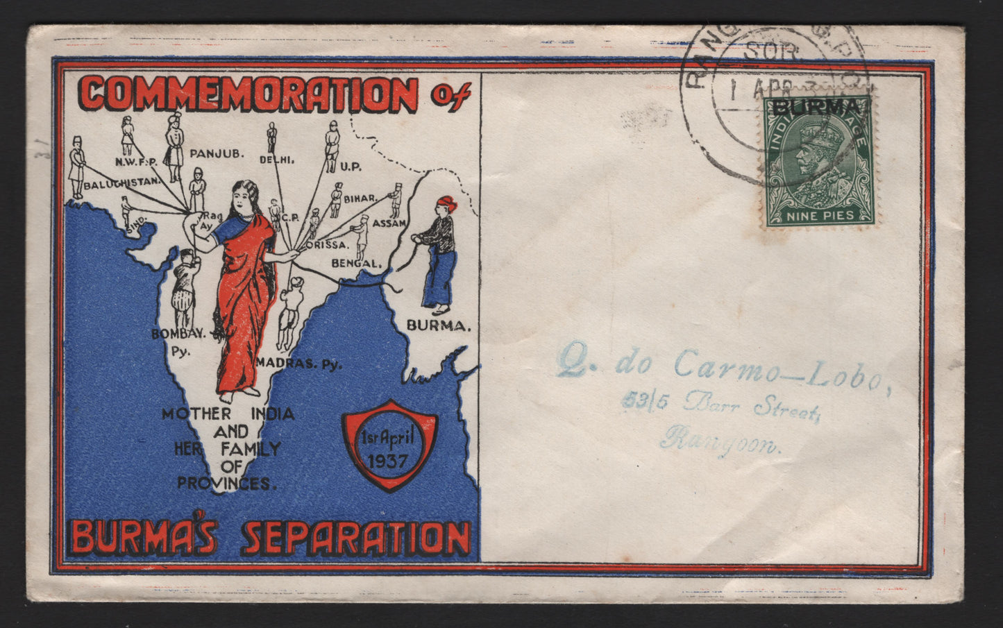 Lot 83 Burma SG#3 9p Deep Green King George V, 1937 Pictorial Issue, A Fine/Very Fine Used Cover, April 1 1937 Rangoon CDS, FDC Commemorating Burma's Separation From India, Blue & Red Commemorative Cachet.