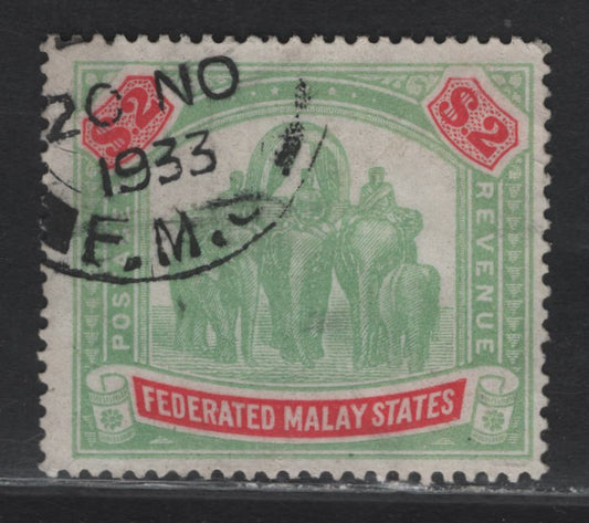 Lot 87 Federated Malay States (C)  SG#78 $2 Green & Carmine Tiger & Elephant, 1922-1934 Tiger & Elephant Keyplate Issue, A Fine Used Single, Script CA Wmk