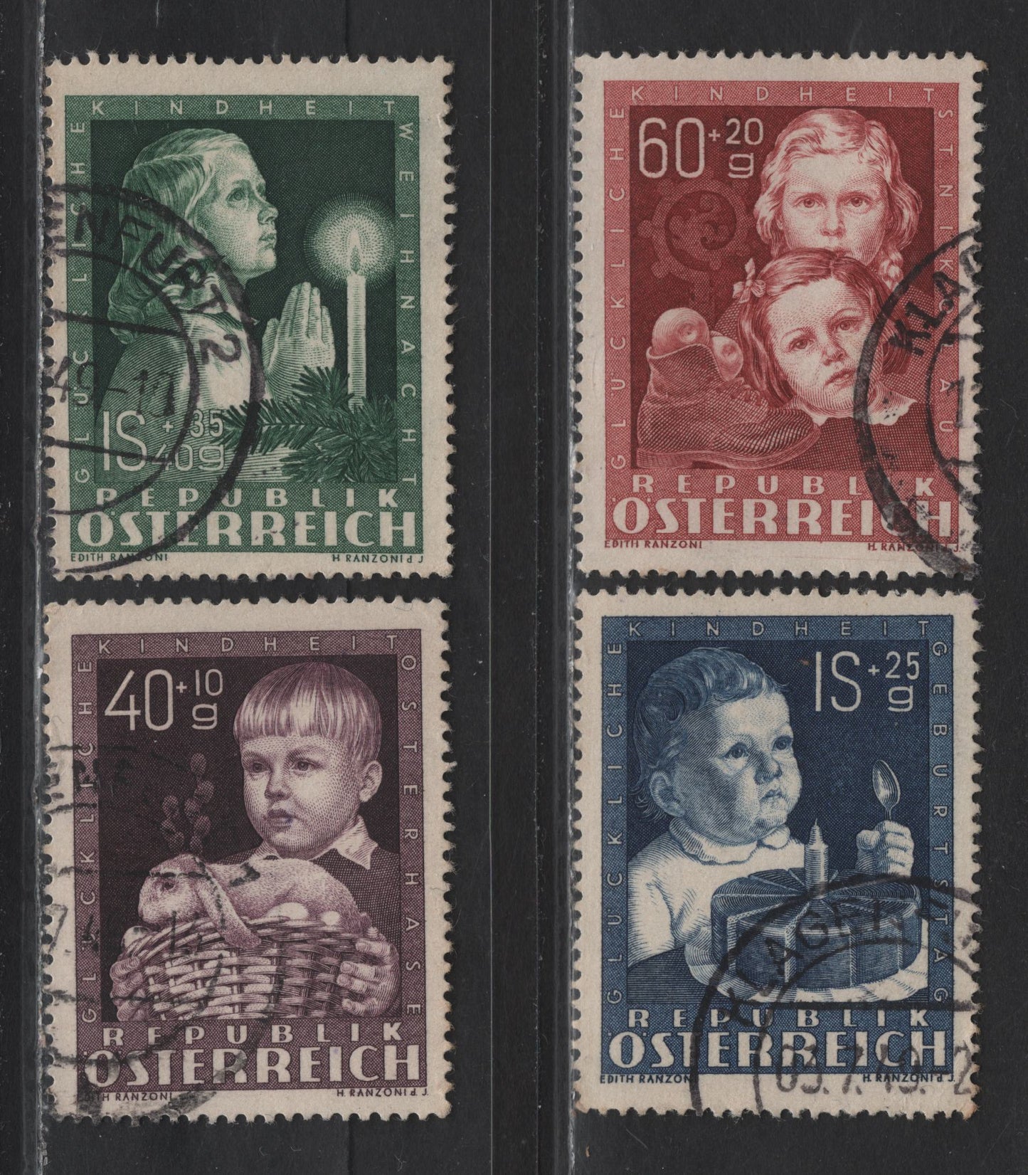 Lot 90 Austria (C)  SC#B260-B263 40g+10g - 1.40s+35g Brown Violet - Green Child, 1949 Child Welfare Semi Postal Issue, 4 Fine/Very Fine Used Singles