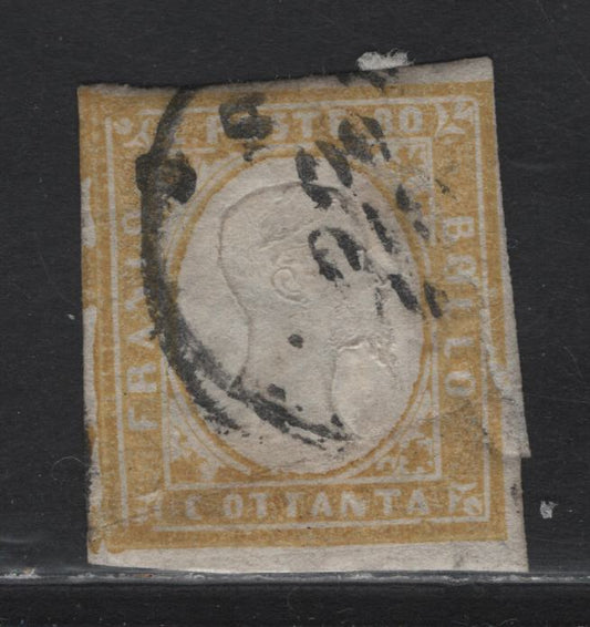 Lot 96 Italy - Sardinia (C)  SC#14a 80c Yellow Victor Emmanuel II, 1855-1863 Victor Emmanuel II Issue, A Good Used Single, 1860 Cancellation, Small Lateral Tear On The Face
