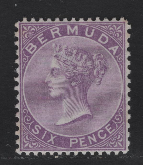 Lot 10 Bermuda SG#10a 6d Bright Mauve, 1865-1903 Queen Victoria Keyplates Issue, Wmk Crown CC, A VFNH Single Perf 14x12 1/2