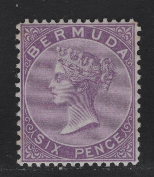 Lot 10 Bermuda SG#10a 6d Bright Mauve, 1865-1903 Queen Victoria Keyplates Issue, Wmk Crown CC, A VFNH Single Perf 14x12 1/2
