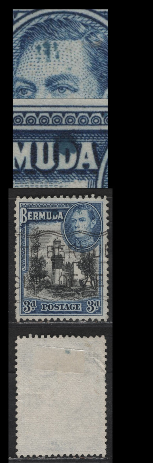 Lot 100 Bermuda SG#114avar 3d Black & Deep Blue St David's Lighthouse, 1938-1950 KGVI Pictorial Issue, A Fine Used Single, Comb Perf, Ink Smudges On King's Forehead & Short 'D' in Bermuda, Unlisted IN Gibbons.