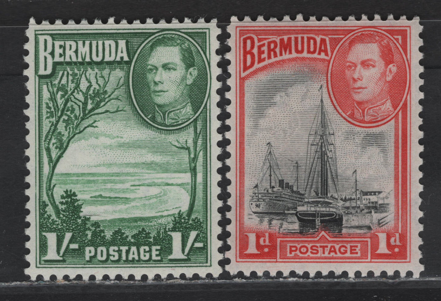 Lot 101 Bermuda SG#110, 115a 1d - 1/- Black & Red - Green Ships In Harbor - Grape Bay, 1938-1950 KGVI Pictorial Issue, 2 VFNH Singles, Comb Perf Printings From 1950-51