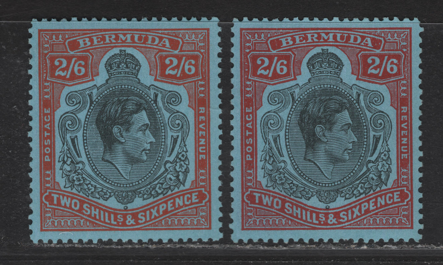 Lot 106 Bermuda SG#117c,d 2/6d Black & Orange Red on Pale Blue - Black & Red On Pale Blue King George VI, 1938-1953 KGVI Pictorial Issue, 2 VFNH Singles, 1950 & 1952 Printings, Ordinary Paper, Perf 13.25x13.