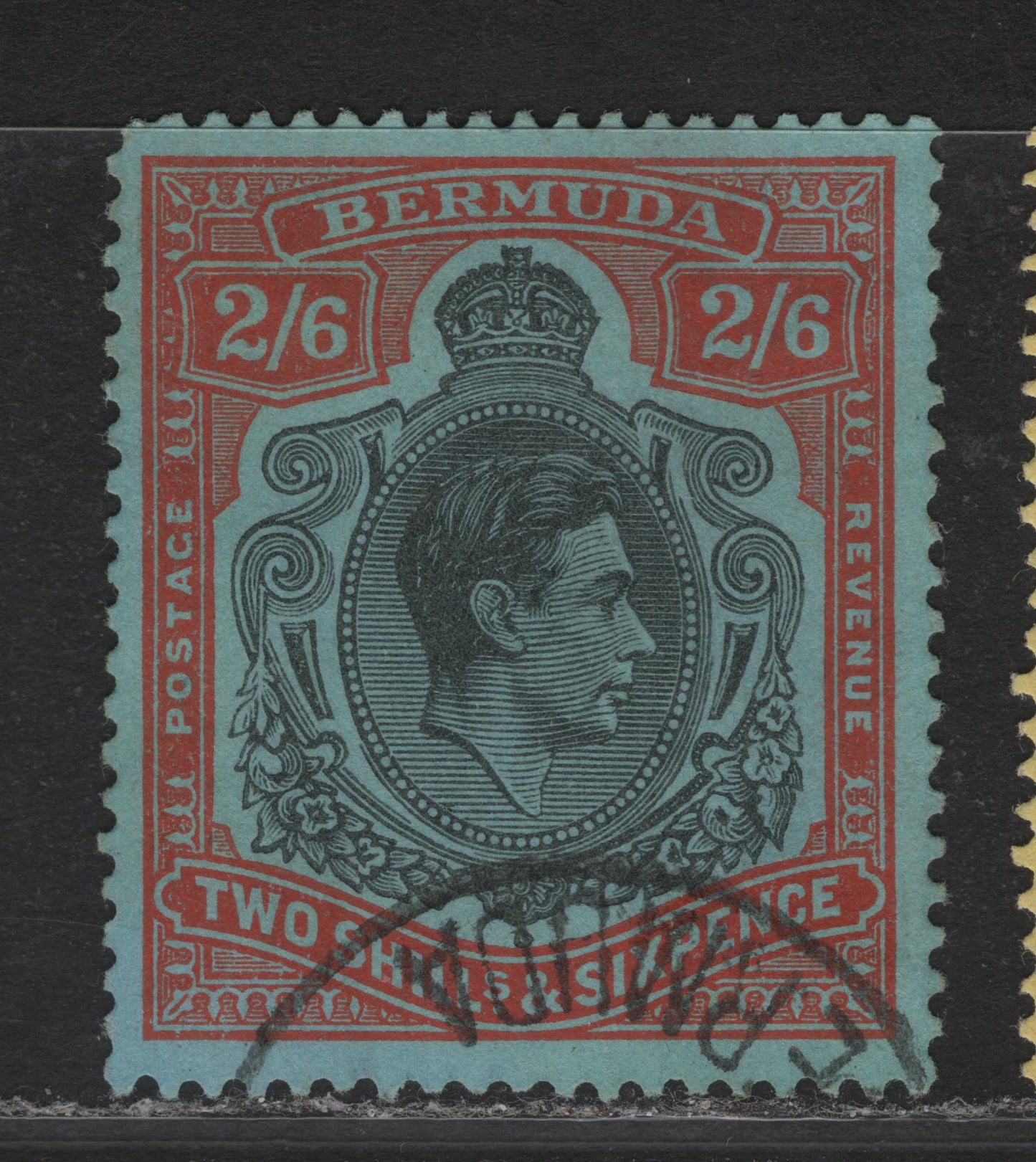 Lot 107 Bermuda SG#117c 2/6d Black & Orange Red King George VI, 1938-1953 KGVI Pictorial Issue, A Very Fine Used Single, Ordinary Paper, Perf 13.25x13, October 1950 Printing.