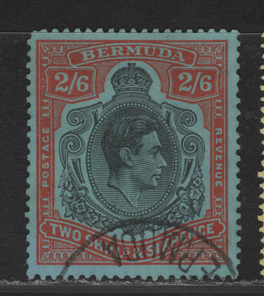 Lot 107 Bermuda SG#117c 2/6d Black & Orange Red King George VI, 1938-1953 KGVI Pictorial Issue, A Very Fine Used Single, Ordinary Paper, Perf 13.25x13, October 1950 Printing.
