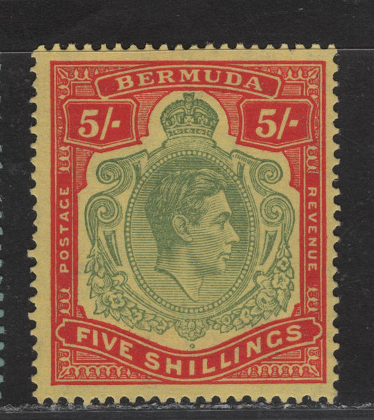 Lot 108 Bermuda SG#118e 5/- Pale Green & Deep Red on Pale Yellow King George VI, 1938-1953 KGVI Pictorial Issue, A FNH Single, May 1945 Printing, Perf 14, Ordinary Paper.