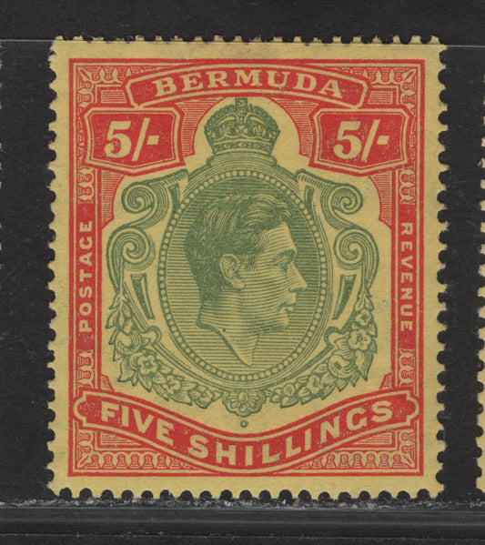 Lot 109 Bermuda SG#118evar 5/- Pale Green & Red on Yellow King George VI, 1938-1953 KGVI Pictorial Issue, A VFOG Single, Perf 14, Ordinary Paper, Variant Of the May 1945 Printing.