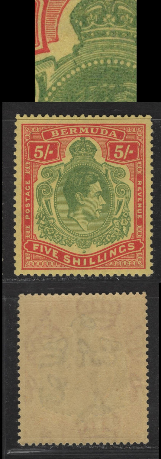 Lot 109A Bermuda SG#118f 5/- Yellow Green & Red on Pale Yellow King George VI, 1938-1953 KGVI Pictorial Issue, A VFNH Single, February 1950 Printing, Ordinary Paper, Perf 13.25x13, Unlisted Diagonal Slash Above Pearl Near The Crown.