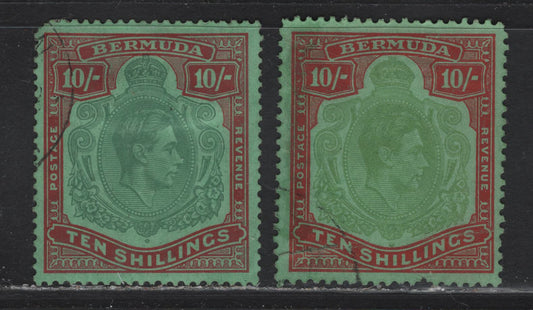 Lot 110 Bermuda SG#119a,e 10/- Bluish Green & Deep Red on Green - Green & Vermillion on Green King George VI, 1938-1953 KGVI Pictorial Issue, 2 Good/Fine Used Singles, Chalky Paper, 1939 Printing, Perf 13.25x13, Ordinary Paper