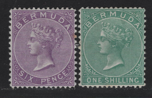 Lot 11 Bermuda SG#10a,11 6d Bright Mauve & 1/- Green, 1865-1903 Queen Victoria Keyplates Issue, Wmk Crown CC, 2 FOG Singles