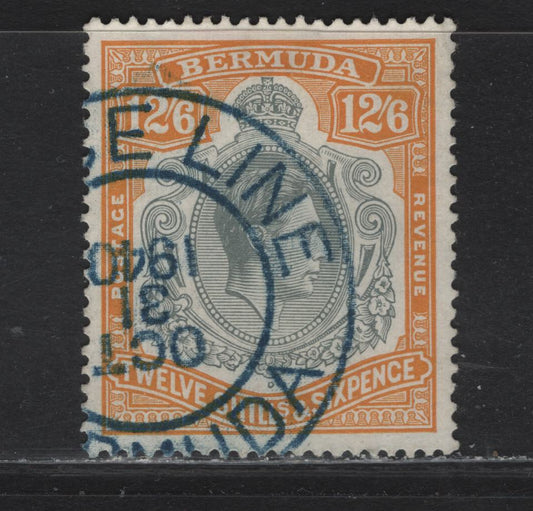 Lot 112 Bermuda SG#120a 12/6 Gray & Brownish Orange King George VI, 1938-1953 KGVI Pictorial Issue, A Very Fine Used Single, Chalky Paper, Perf 14, Cruise Ship Cancel Oct 31 1940, Fiscal, But Identifies it As The Earlier Printing.