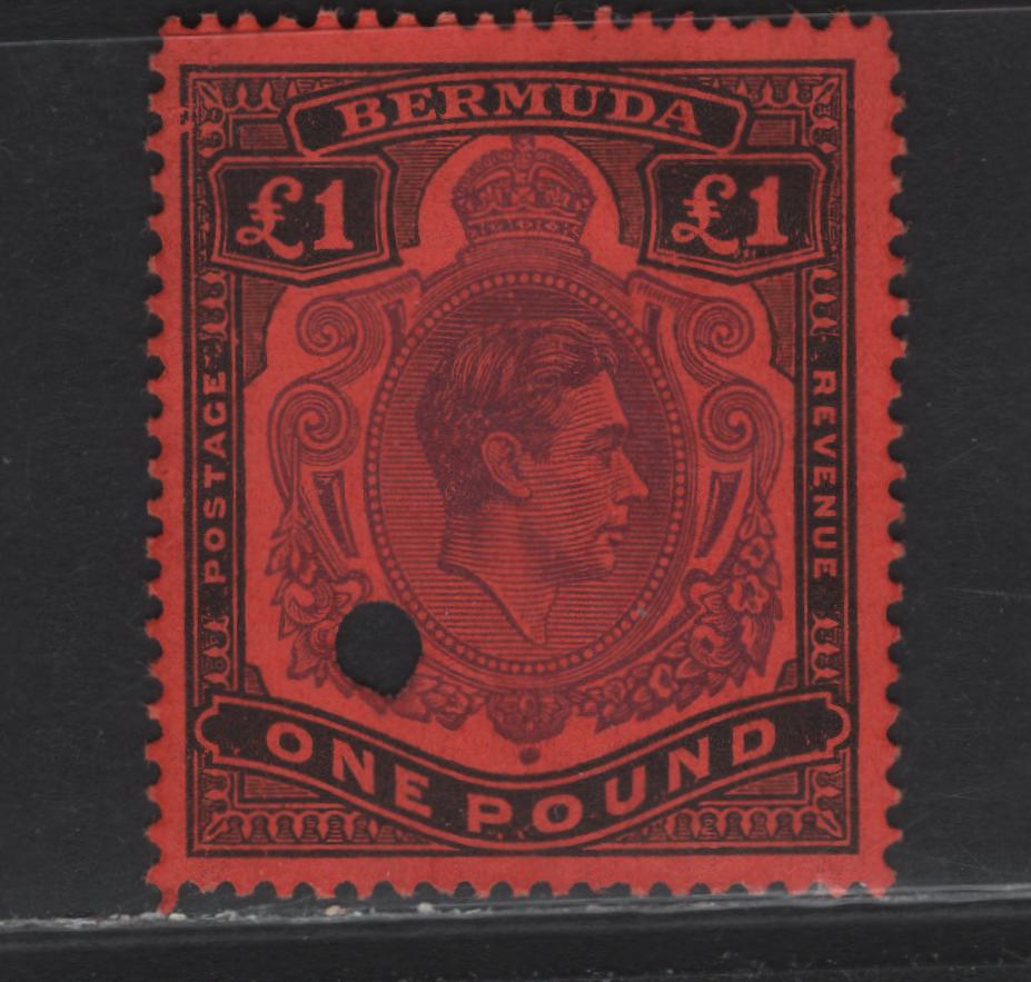 Lot 116 Bermuda SG#121e £1 Bright Violet & Black on Scarlet King George VI, 1938-1953 KGVI Pictorial Issue, A Fine Used Single, December 1952 Printing With Revenue Punch Cancel, Ordinary Paper, Perf 13.25x13.